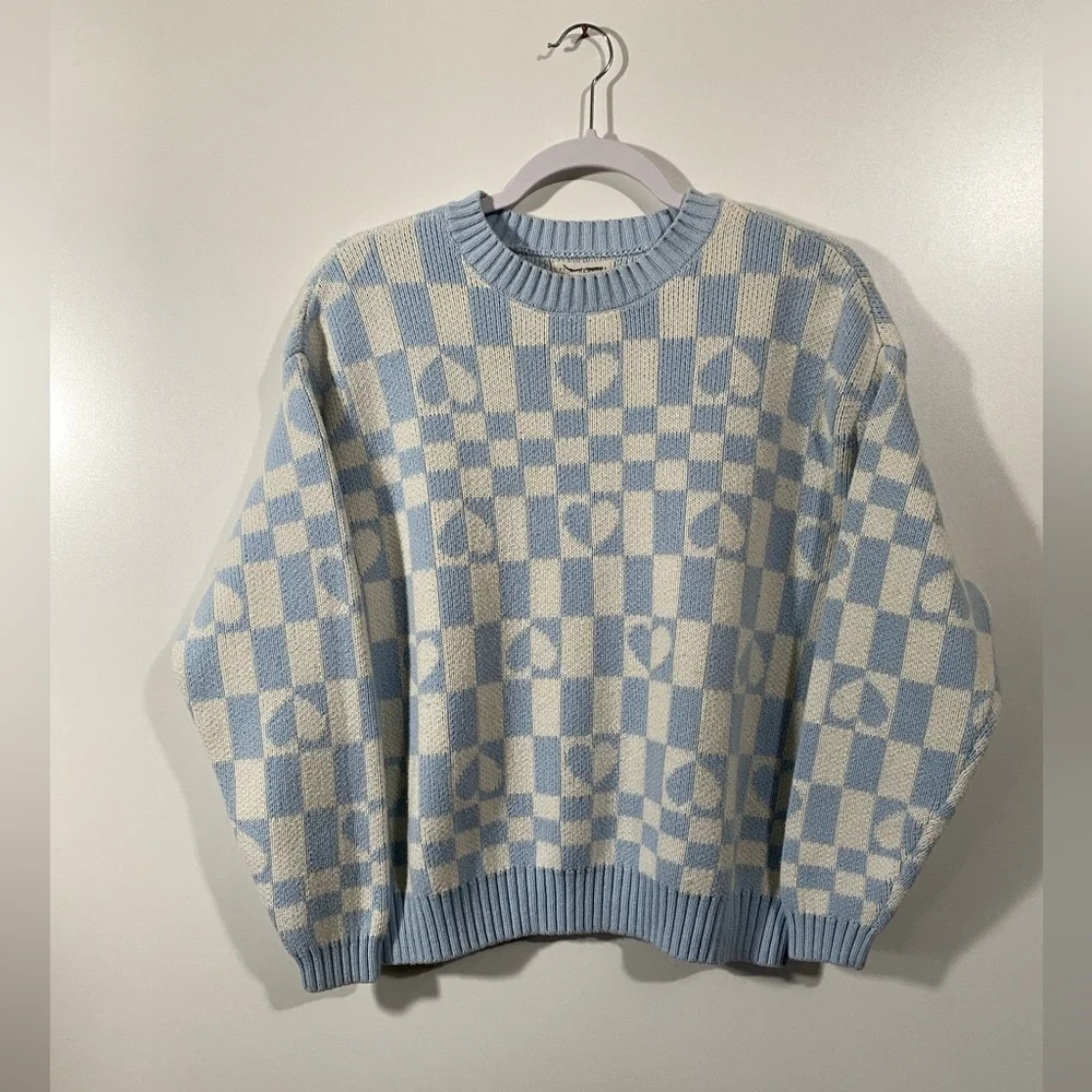 LA Hearts Checker Sweater with Hearts Knit Oversized pastel blue and white XS - Picture 1 of 8